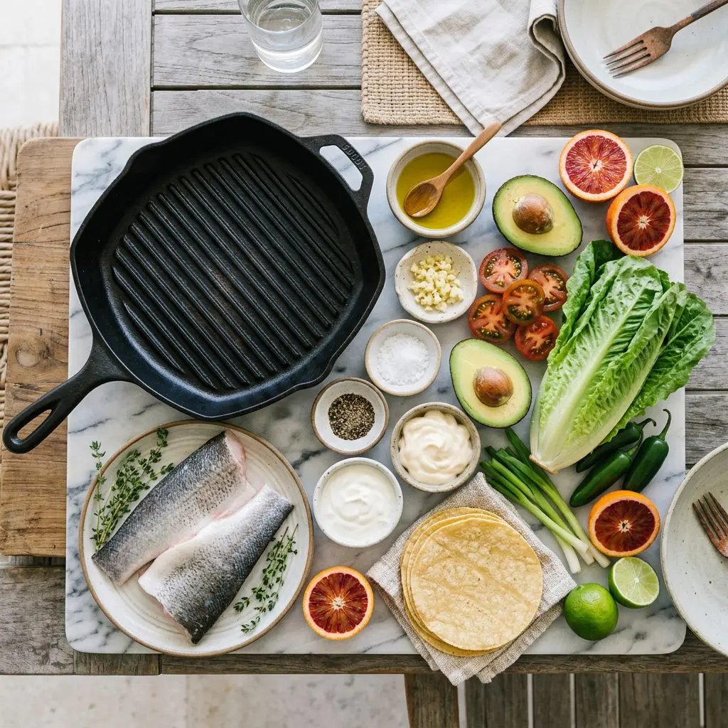 Ingredients arranged: two thick raw sea bass fillets, vibrant red blood oranges, bowls of olive oil, minced garlic, halved avocados, halved tomatoes, romaine lettuce, whole jalapeños, green onions, tortillas, mayonnaise, sour cream, and salsa around a heavy cast-iron grill pan on a marble prep board.