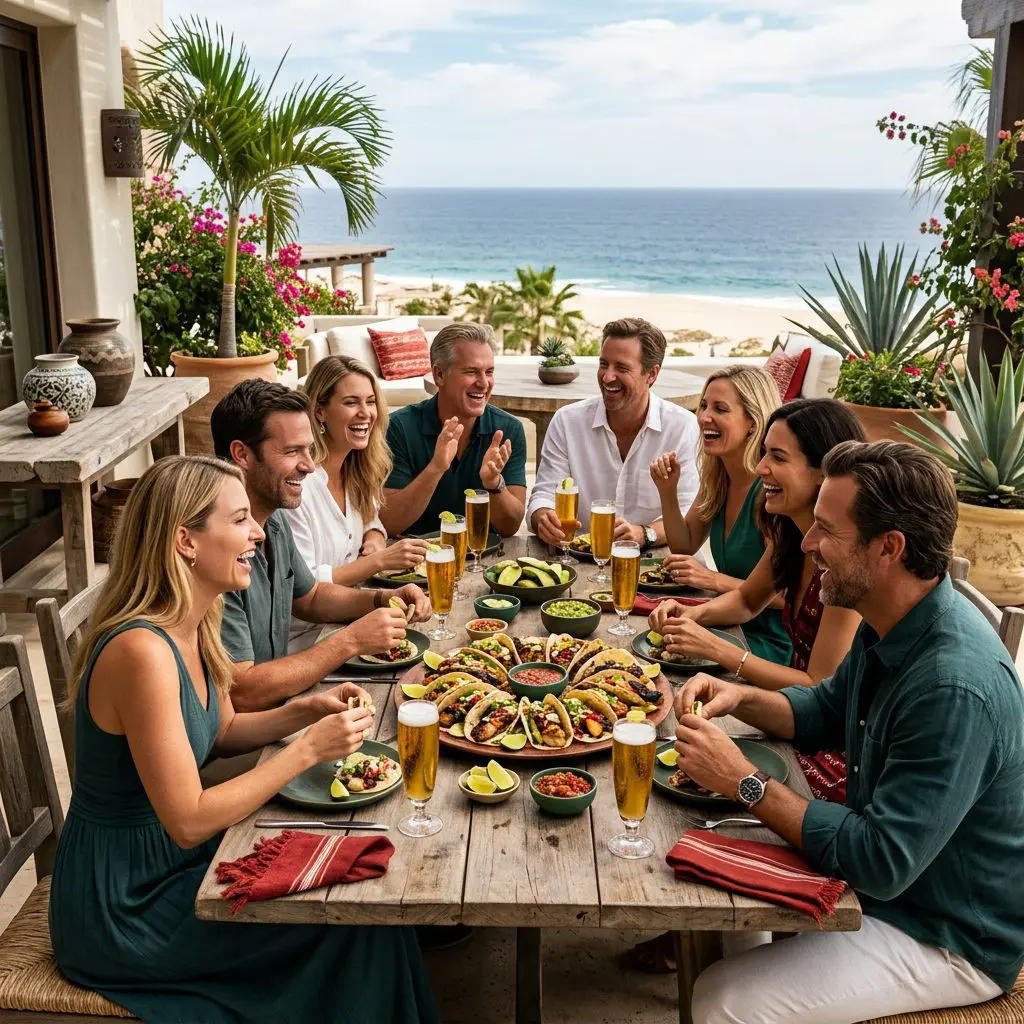 An outdoor sun-drenched coastal lunch setting with 8 guests gathered around the table laughing loudly, eating with their hands, and drinking ice-cold Mexican lagers in tall glasses on a Palm Beach Estate dining patio. A massive board of overstuffed grilled fish tacos anchors the lively coastal patio lunch party.