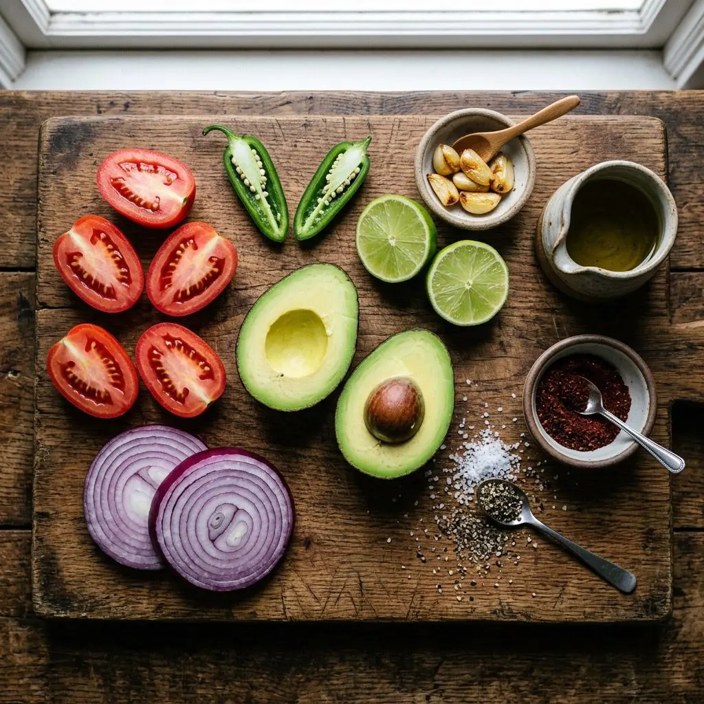 Overhead prep shot of Hass avocados, plum tomatoes, red onion rings, jalapeños, limes, roasted garlic, olive oil, chili powder, salt, and pepper