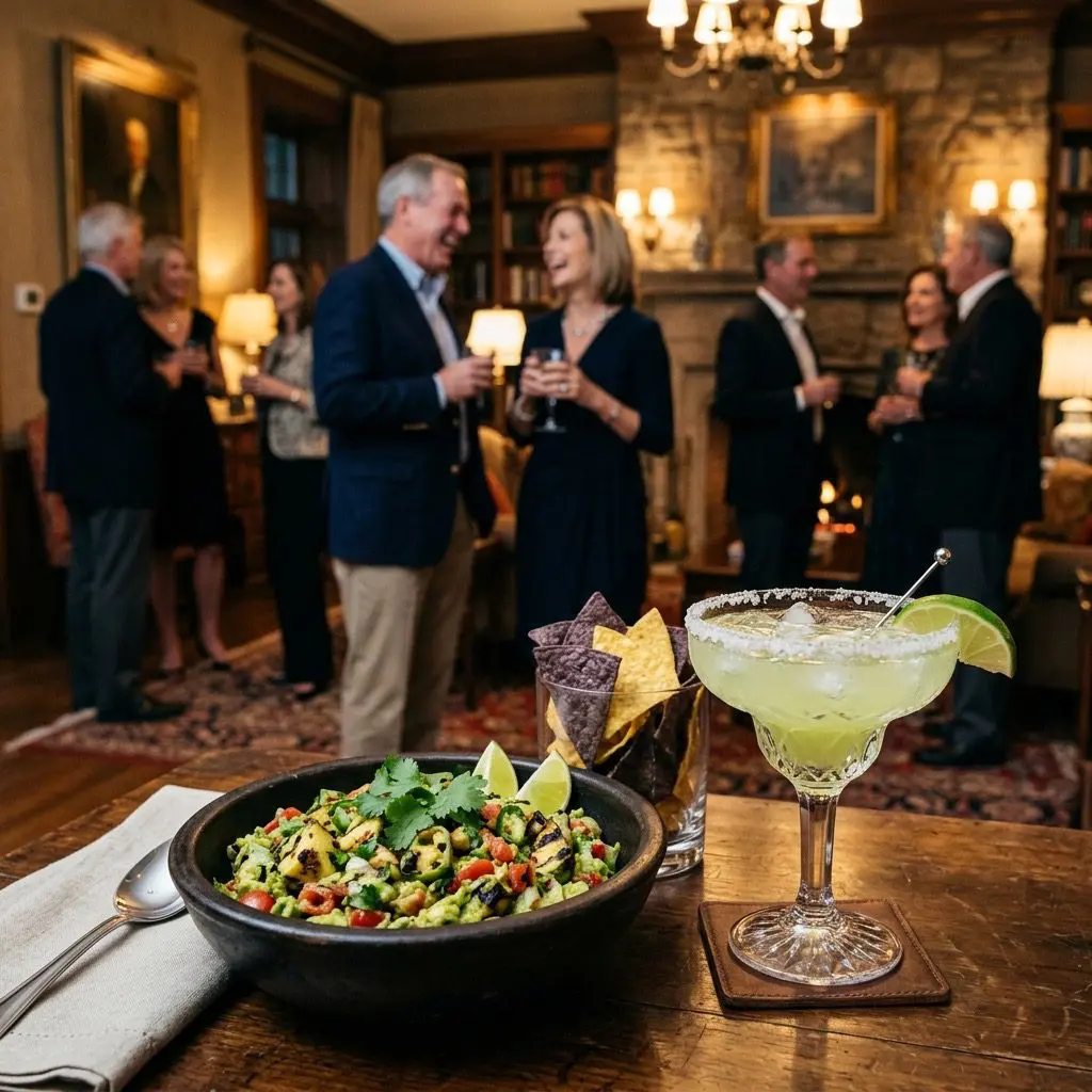 An elegant, formal cocktail party table setting featuring Grilled Guac and a Margarita, with a cocktail party in the background