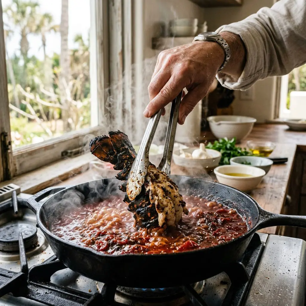 A cook's hand using heavy silver tongs to plunge a massive, charred split lobster tail directly into a bubbling, fiercely steaming cast-iron pan filled with dark red, reduced San Marzano Fra Diavolo sauce.