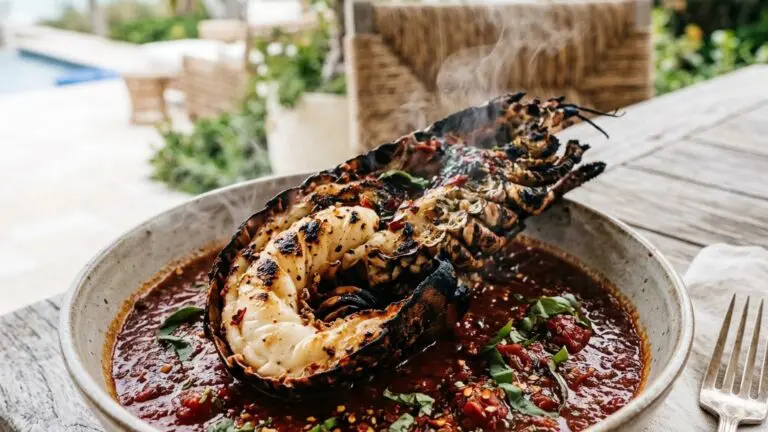 Stunning plated serving of Grilled Lobster Tail in Fra Diavolo Sauce, a chef-tested recipe by Chef Jorj Morgan.