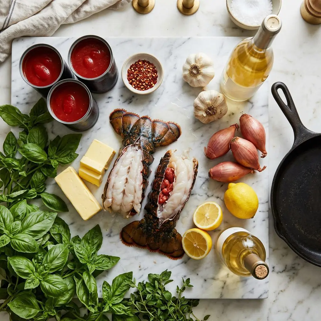 Ingredients arranged: massive, thick raw lobster tails split in half, heavy blocks of yellow butter, deep red cans of San Marzano tomatoes, vividly bright red pepper flakes, whole garlic bulbs, crisp shallots, bright yellow lemons, a bottle of crisp white wine, and huge bunches of fresh green basil on a marble prep board next to a heavy cast-iron skillet.