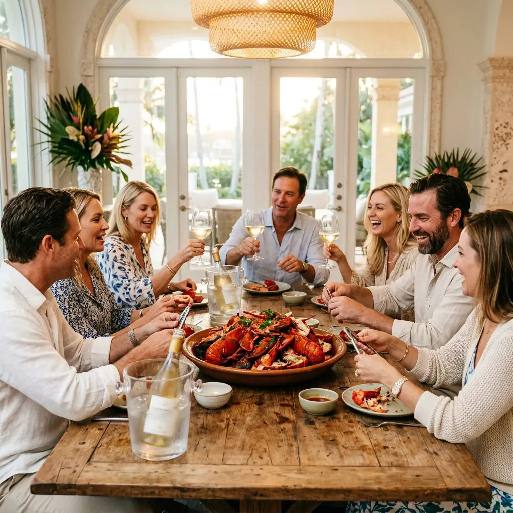 8 guests gathered tightly around a rustic dining table, laughing loudly, cracking lobster shells, and drinking fiercely chilled Vermentino in glasses on a Palm Beach Estate. A massive steaming platter of lobster tails in Fra Diavolo sauce anchors the lively coastal dinner party.