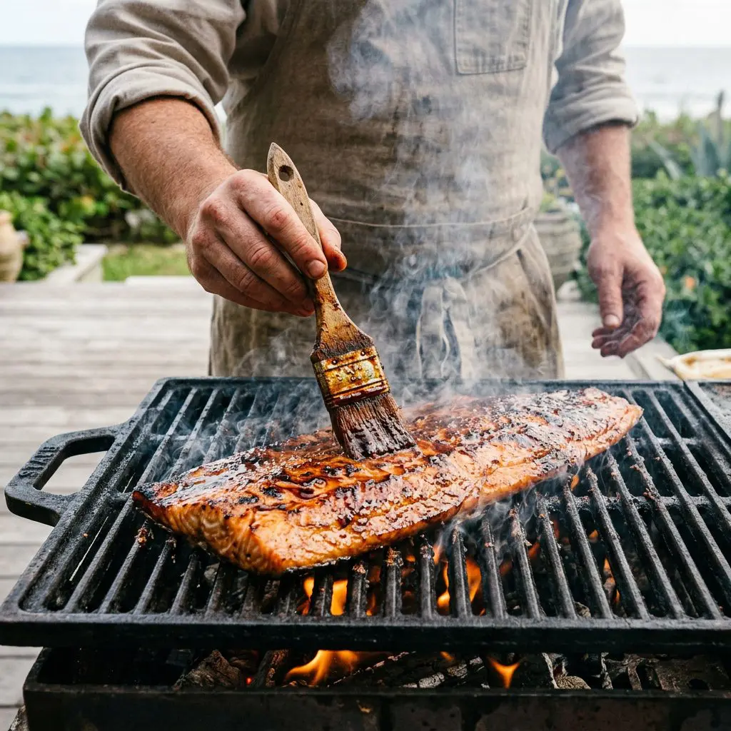 A cook's hands using a rustic brush to paint a thick, dark, sticky maple-soy glaze over a massive, sizzling salmon fillet resting on roaring hot cast-iron grill grates, with smoke billowing up from the grill.