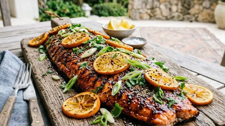 Stunning plated serving of Grilled Salmon with Maple Orange Glaze, a chef-tested recipe by Chef Jorj Morgan.