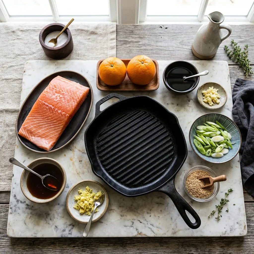 Ingredients arranged: a massive, raw center-cut salmon fillet, bowls of dark maple syrup, grated fresh ginger, soy sauce, minced garlic, whole fresh oranges, sliced green onions, and toasted sesame seeds around a heavy cast-iron grill pan on a marble prep board.