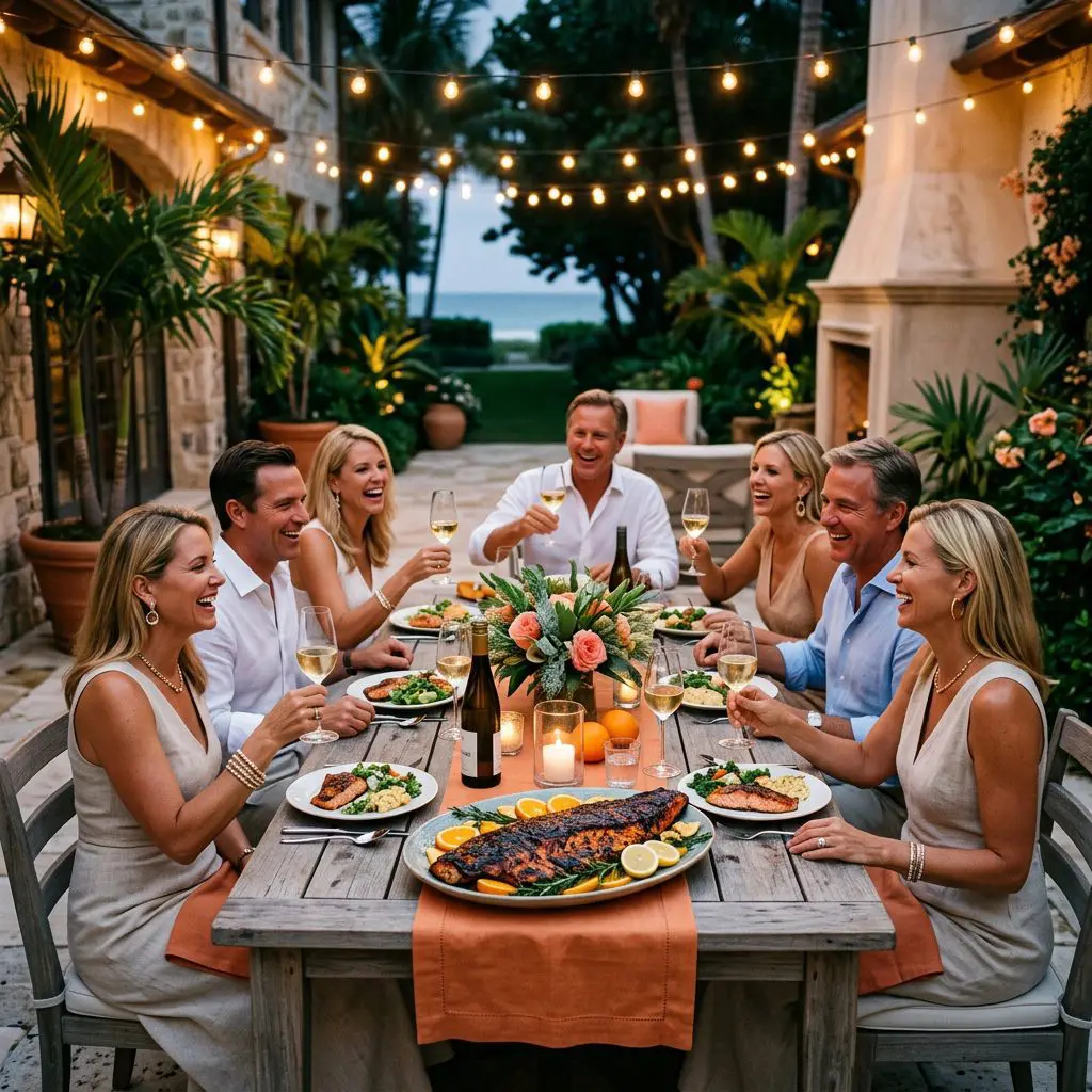8 guests gathered around the table laughing, eating, and drinking icy dry Riesling in long-stemmed glasses in a Palm Beach Estate dining patio under string lights. A massive platter of dark, sticky glazed grilled salmon anchors the high-energy coastal patio dinner party.