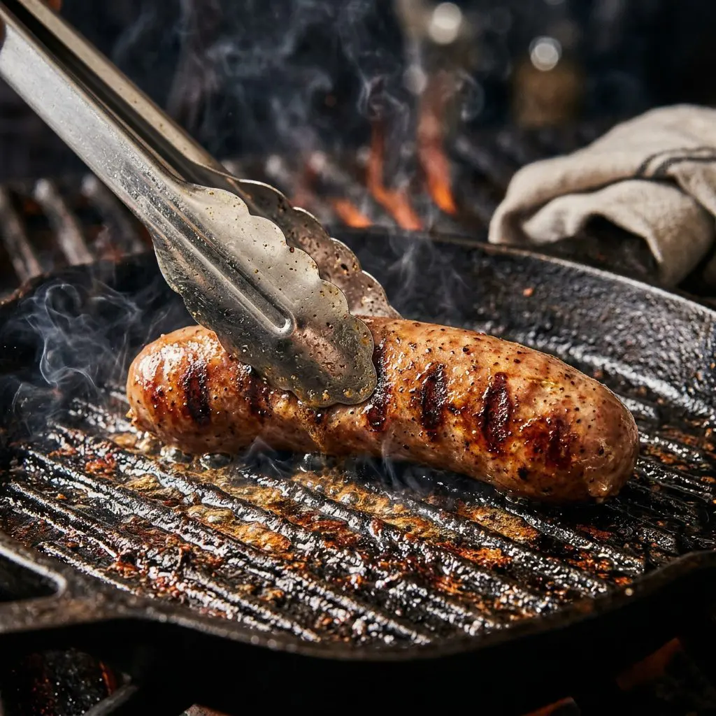 Extreme close-up action shot using silver metal tongs to gently place a thick, juicy bratwurst sausage onto a smoking hot, oiled cast-iron grill pan, with the sausage searing and forming beautiful dark grill marks.