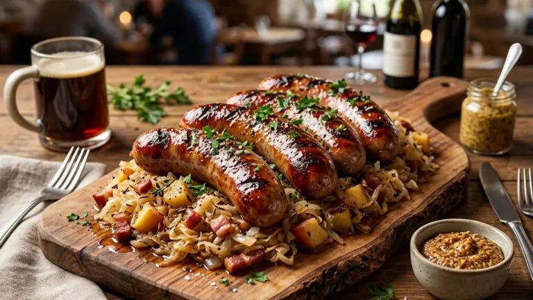 Stunning plated serving of Grilled Sausages with Souped-Up Sauerkraut, a chef-tested recipe by Chef Jorj Morgan.