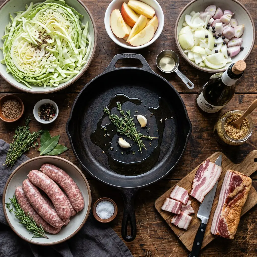 Overhead prep shot of fresh ingredients for gourmet Grilled Sausages and Souped-Up Sauerkraut, including bratwurst links, thick-cut bacon, sliced apples, cabbage, onions, white wine, and stone-ground mustard arranged around a heavy cast-iron skillet