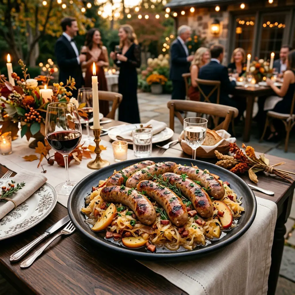 A formal evening outdoor dinner table setting featuring a dark ceramic platter of beautiful, golden Grilled Sausages on top of apple-bacon sauerkraut, with an autumn patio gathering in the background.
