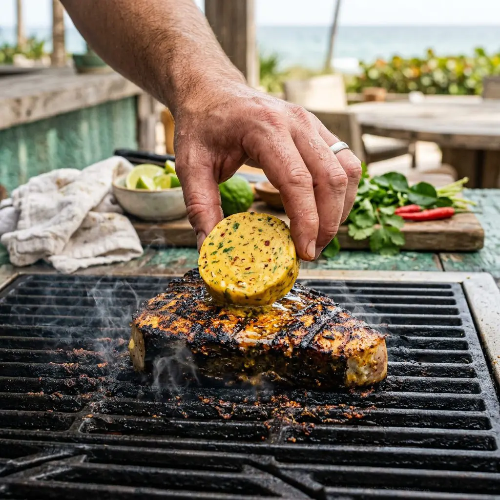 A cook's hand placing a thick, cold disc of golden Thai curry compound butter directly onto a thick, charred, smoking hot swordfish steak resting on roaring hot cast-iron grill grates.