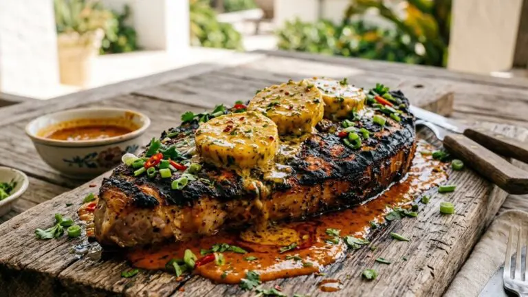Stunning plated serving of Grilled Swordfish with Thai Chili Compound Butter and Red Curry Sauce, a chef-tested recipe by Chef Jorj Morgan.
