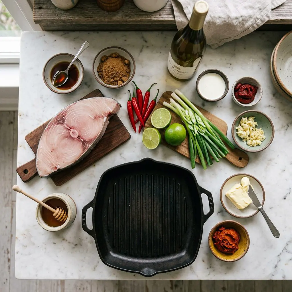 Ingredients arranged: a massive, thick raw swordfish steak, vibrant red chilies, limes, green onions, bowls of dark fish sauce, brown sugar, garlic, a stick of soft butter, Thai curry paste, honey, white wine, heavy cream, and tomato paste around a heavy cast-iron grill pan on a marble prep board.