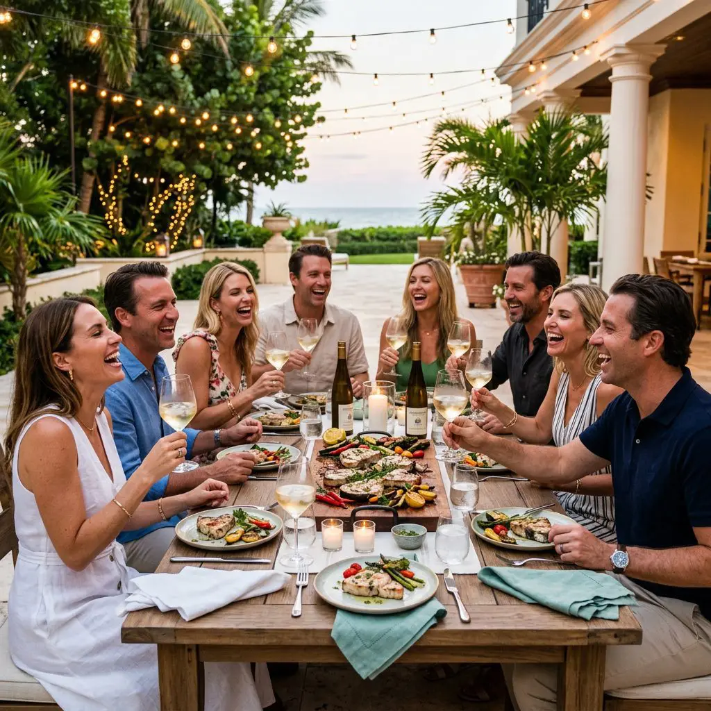 8 guests gathered around the table laughing loudly, eating, and drinking icy Gewürztraminer in long-stemmed glasses in a Palm Beach Estate dining patio under string lights. A massive board of smoking hot swordfish with melting butter anchors the lively coastal patio dinner party.
