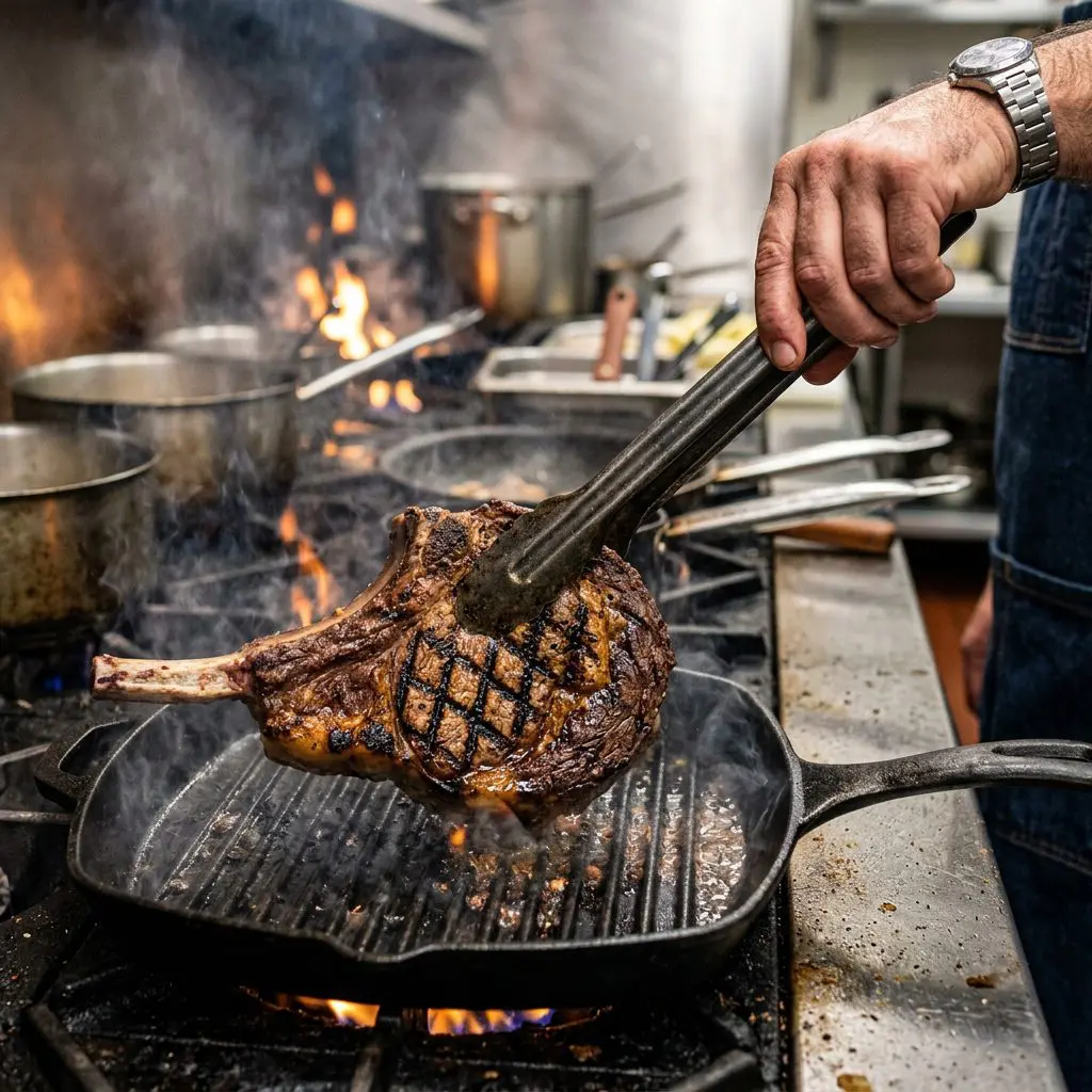 Close-up action shot of a cook's hand using heavy metal tongs to flip a massive, thick bone-in veal chop on a smoking hot cast-iron grill pan, showing gorgeous dark grill marks on the meat.