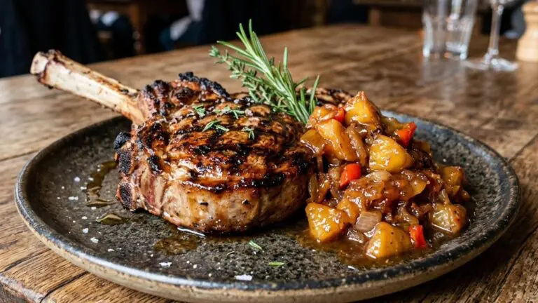 Stunning plated serving of Grilled Veal Chops with Spicy Apple Chutney, a chef-tested recipe by Chef Jorj Morgan.
