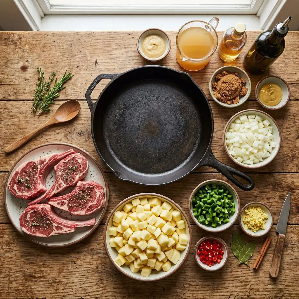 Ingredients arranged for veal chops and chutney: four raw, thick bone-in veal chops, a large pile of peeled and diced apples, diced onions, diced poblano and small hot peppers, grated ginger, bay leaves, cinnamon, brown sugar, Dijon mustard, chicken stock, apple cider vinegar, and olive oil arranged around a heavy cast-iron skillet.