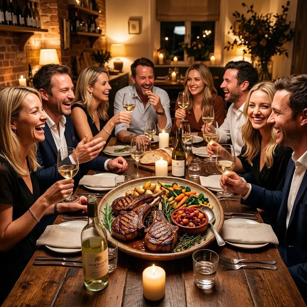 8 guests gathered around the table laughing, eating, and drinking white wine, with a massive rustic platter holding four grilled veal chops and apple chutney anchoring the center of the joyful feast.