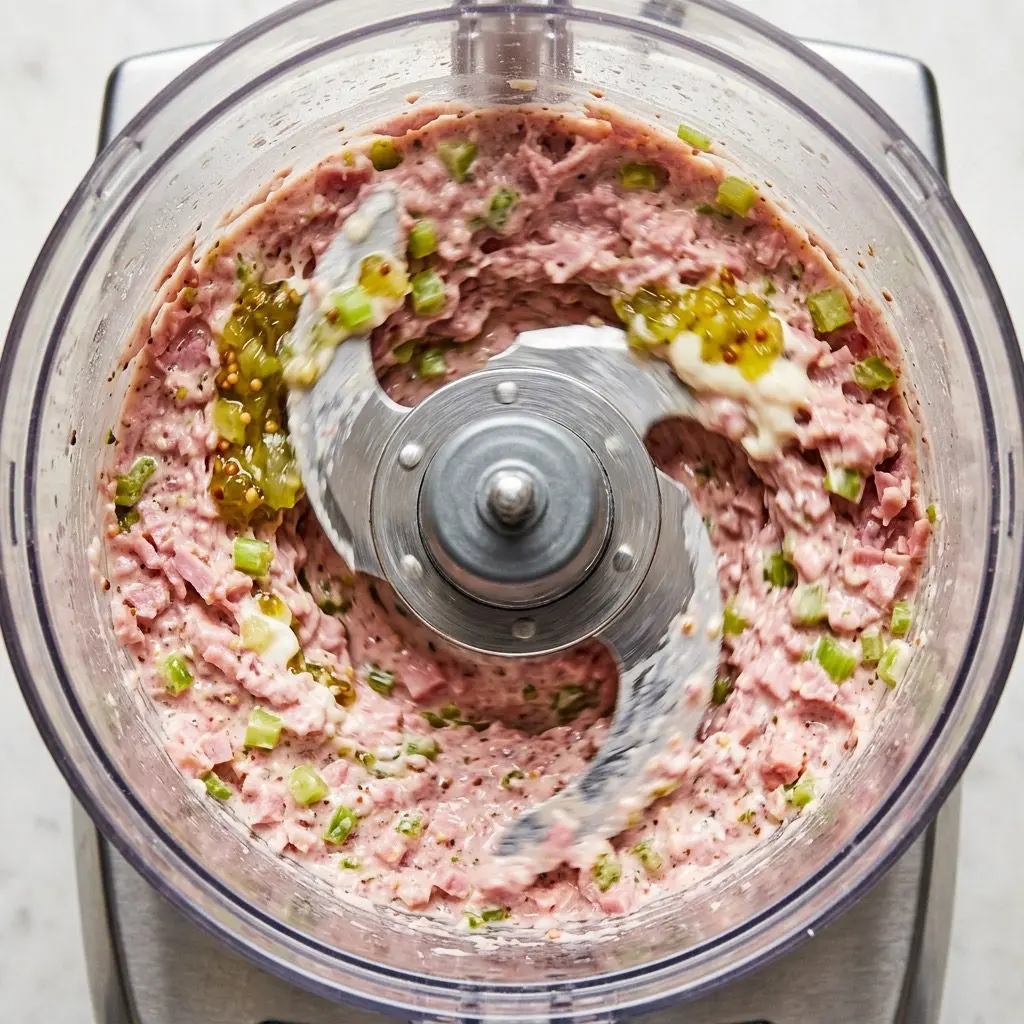 Extreme close-up action shot blending ham, celery, relish, and mayonnaise in a food processor
