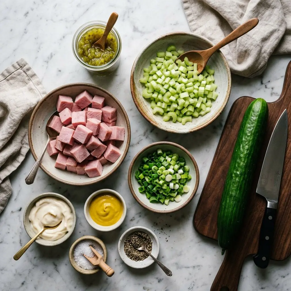 Overhead prep shot of cubed ham, celery, green onions, sweet pickle relish, mayonnaise, yellow mustard, salt, pepper, and an English cucumber