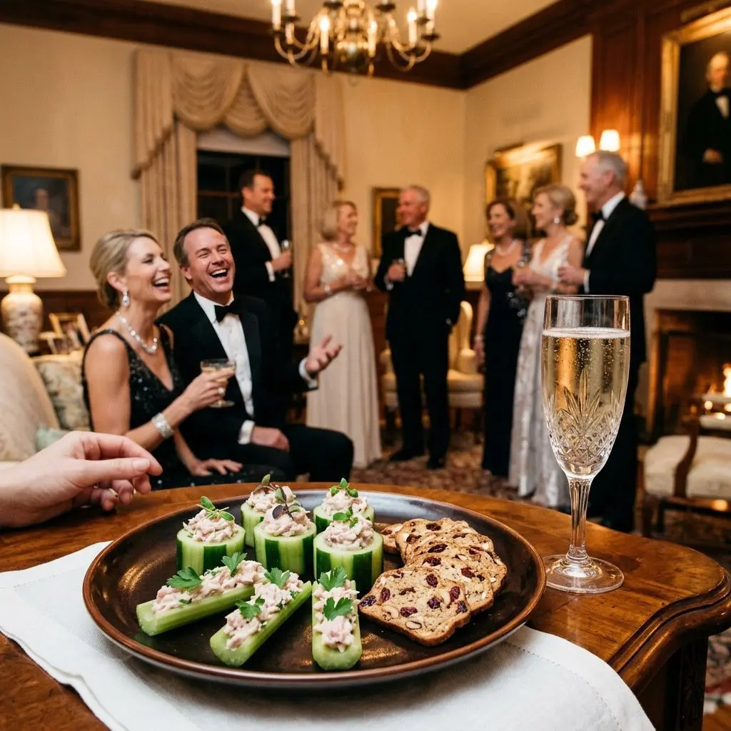 An elegant, formal cocktail party setting featuring Ham Salad Spread served three ways, with a party in the background