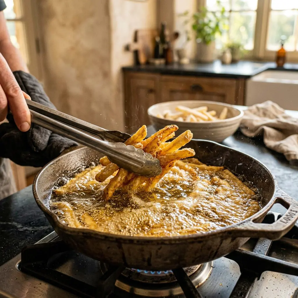 Close-up action shot of thick, cornstarch-dusted potato fries sizzling in a skillet of bubbling hot golden olive oil, being gently turned with silver tongs, oil vigorously bubbling
