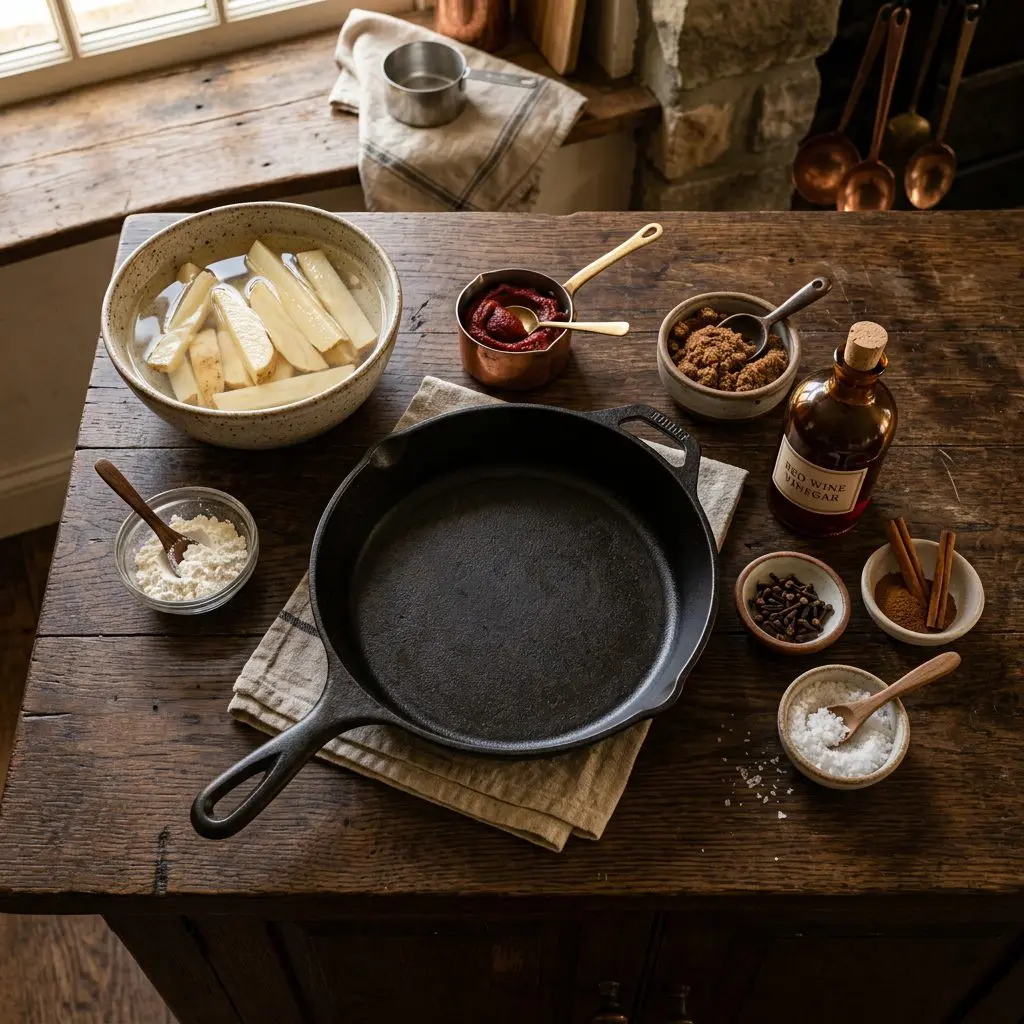 Raw ingredients for home fries and seasoned ketchup arranged: raw thick-cut potato planks in cold water, cornstarch, a small pot of dark tomato paste, brown sugar, red wine vinegar, cinnamon, cloves, and coarse salt, arranged around a cast-iron skillet.