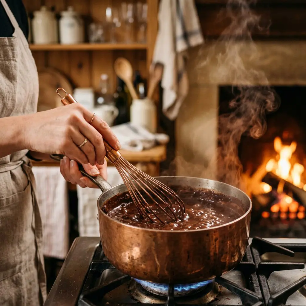 Clean hands using a copper whisk to stir together a rich, bubbling, and glossy chocolate sauce inside a heavy-bottomed copper pot over a gentle flame. Wisps of aromatic steam rise from the pot, catching the warm amber glow of a crackling fireplace nearby. The background is a soft blur of a cozy wooden kitchen.