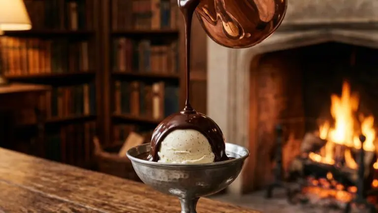 Stunning plated serving of Hot Fudge Sauce, a chef-tested recipe by Chef Jorj Morgan.