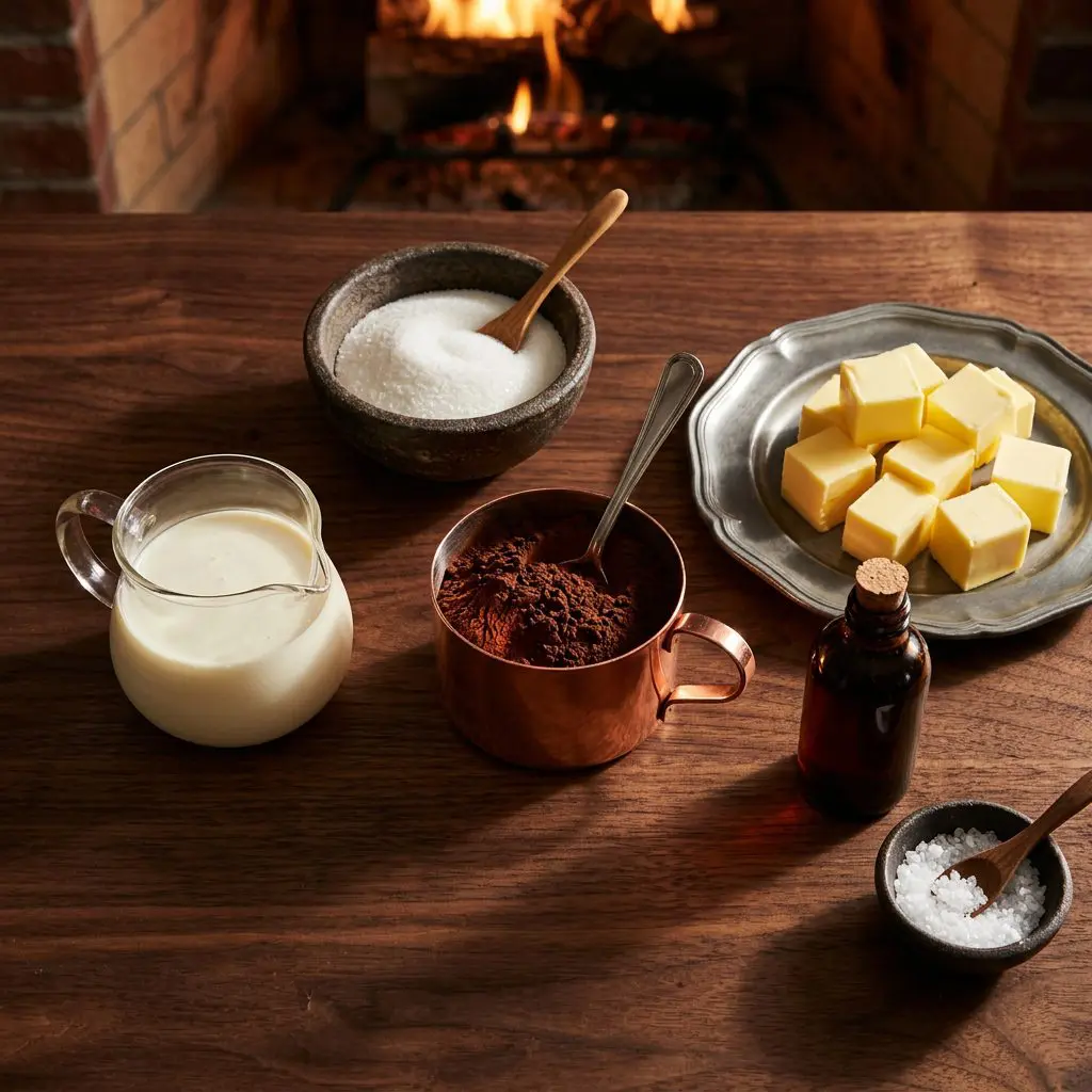 Raw ingredients arranged in rustic stoneware pinch bowls and polished copper dishes on a dark walnut tabletop: a copper cup filled with deep dark unsweetened cocoa powder, a small glass pitcher of rich heavy cream, granulated sugar in a matching stone bowl, butter cut into neat golden cubes on a pewter plate, a small amber bottle of pure vanilla extract, and a pinch bowl of sea salt. Warm fireplace lighting with long, soft shadows.