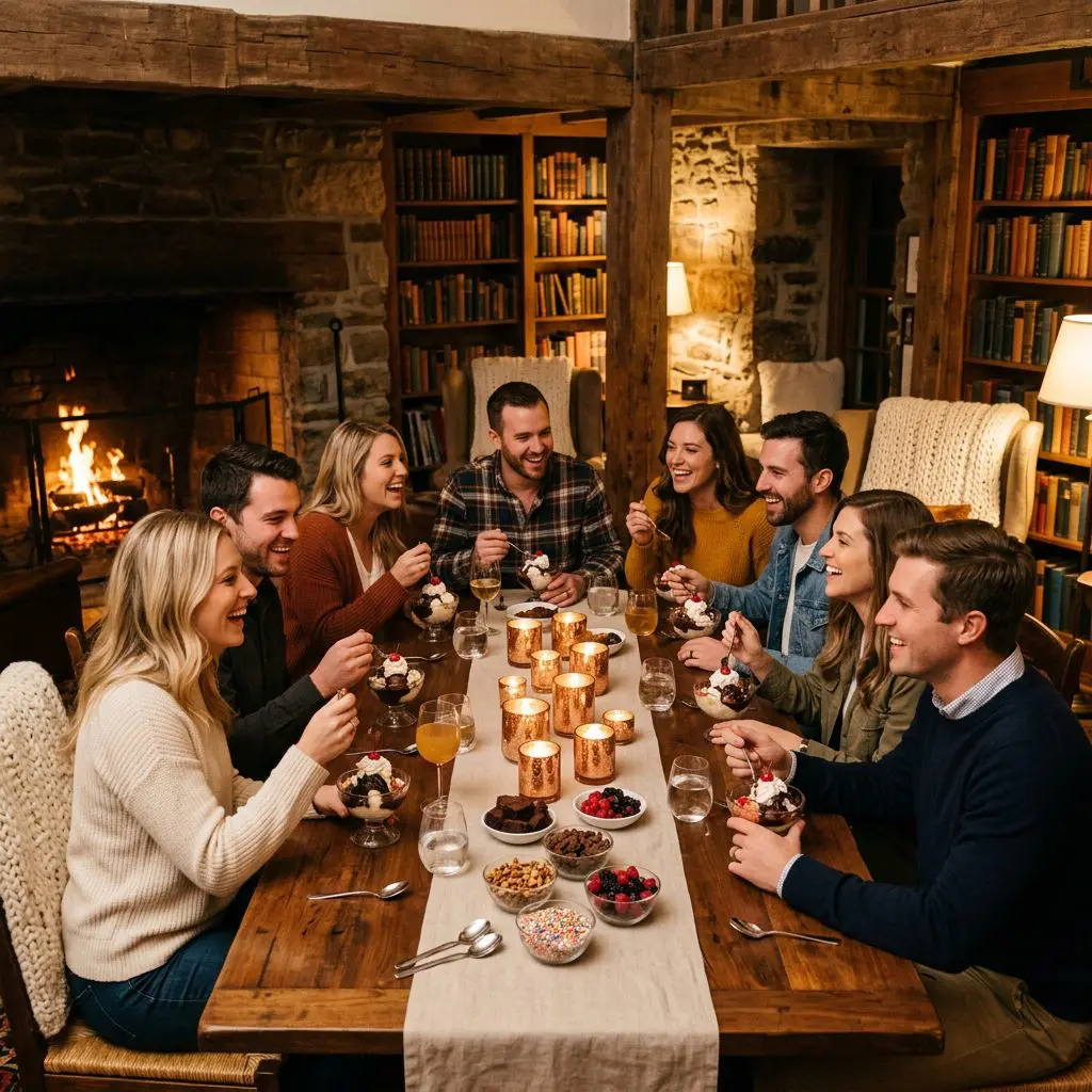 Eight guests laughing, sharing stories, and enjoying custom ice cream sundaes with warm hot fudge sauce. They are gathered around a long walnut harvest table inside the cozy, fire-lit timber library of a historic North Carolina Estate, decorated with hand-knitted cream throws, glowing copper candle holders, and bowls of gourmet sundae toppings.