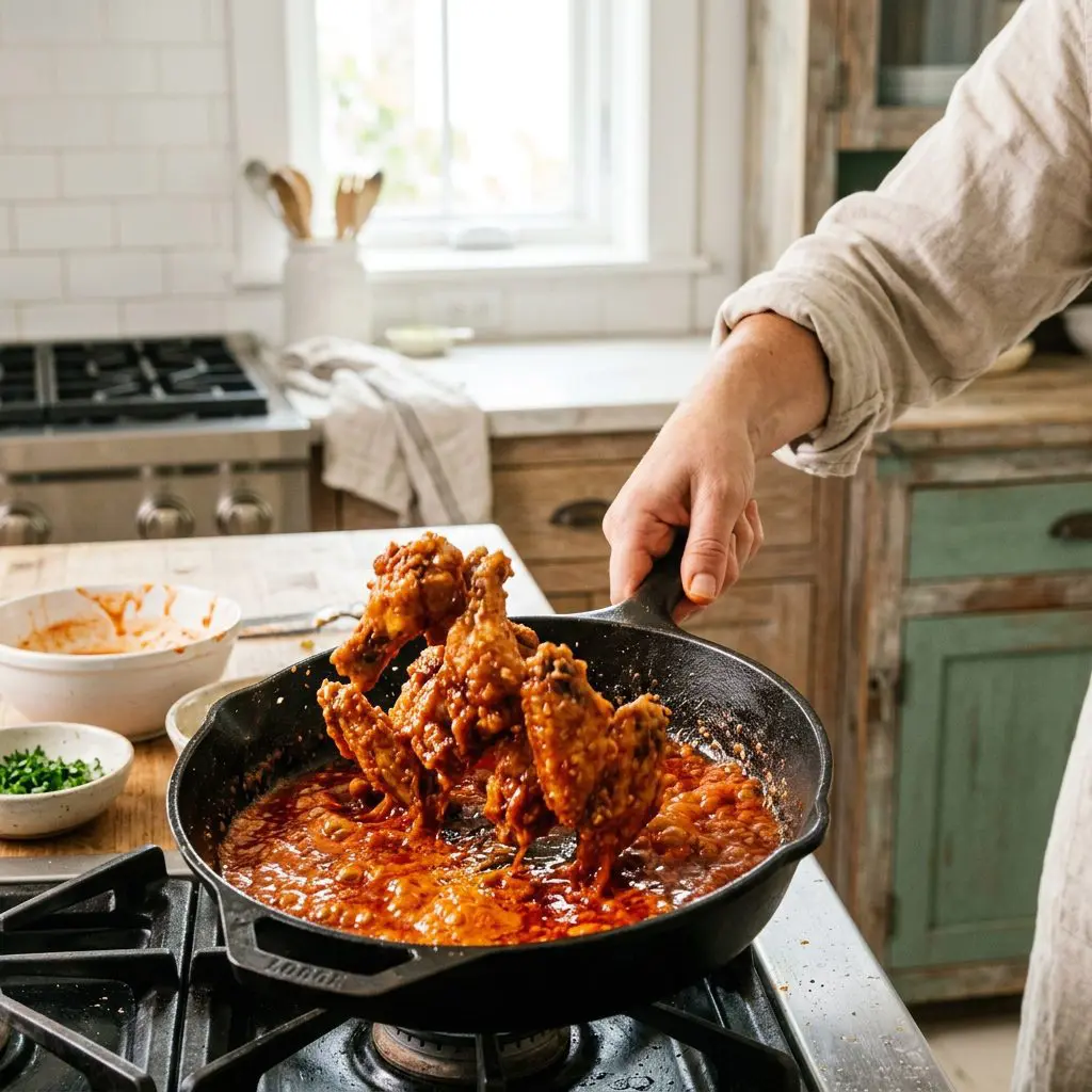 A cook's hand tossing violently crispy, golden-brown chicken wings in a skillet filled with violently hot, fiercely red, bubbling butter and garlic hot sauce, coating each wing.