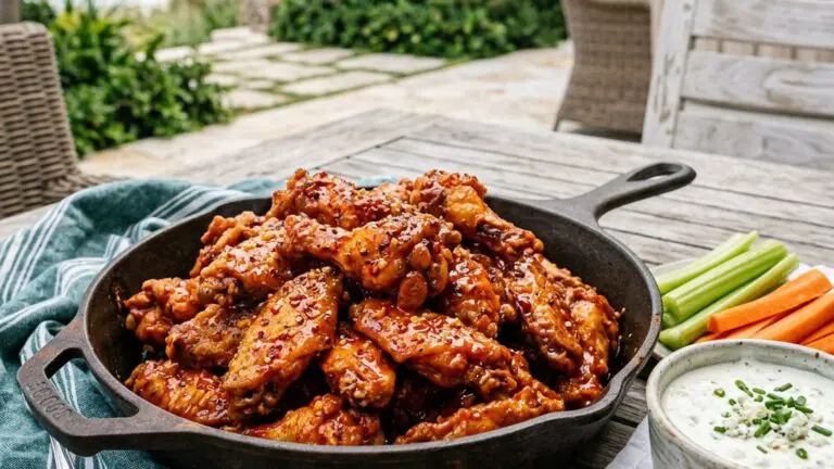 Stunning plated serving of Hot Garlicky Wings, a chef-tested recipe by Chef Jorj Morgan.