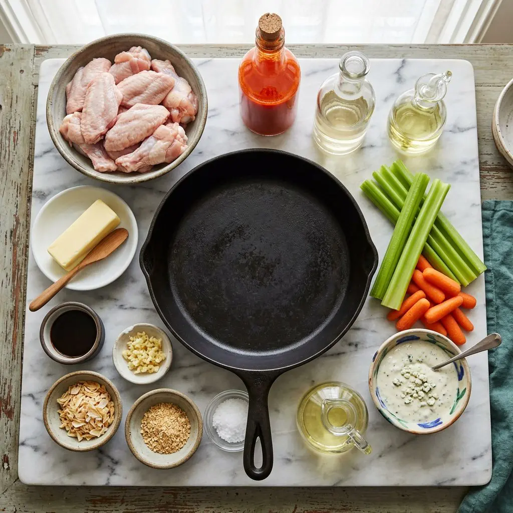 Ingredients arranged: raw chicken wings, a stick of butter, bright red hot pepper sauce, white wine vinegar, Worcestershire sauce, minced raw garlic, dried onion, dried garlic, kosher salt, vegetable oil, crisp celery, carrots, and a bowl of blue cheese dressing around a heavy cast-iron skillet on a marble prep board.