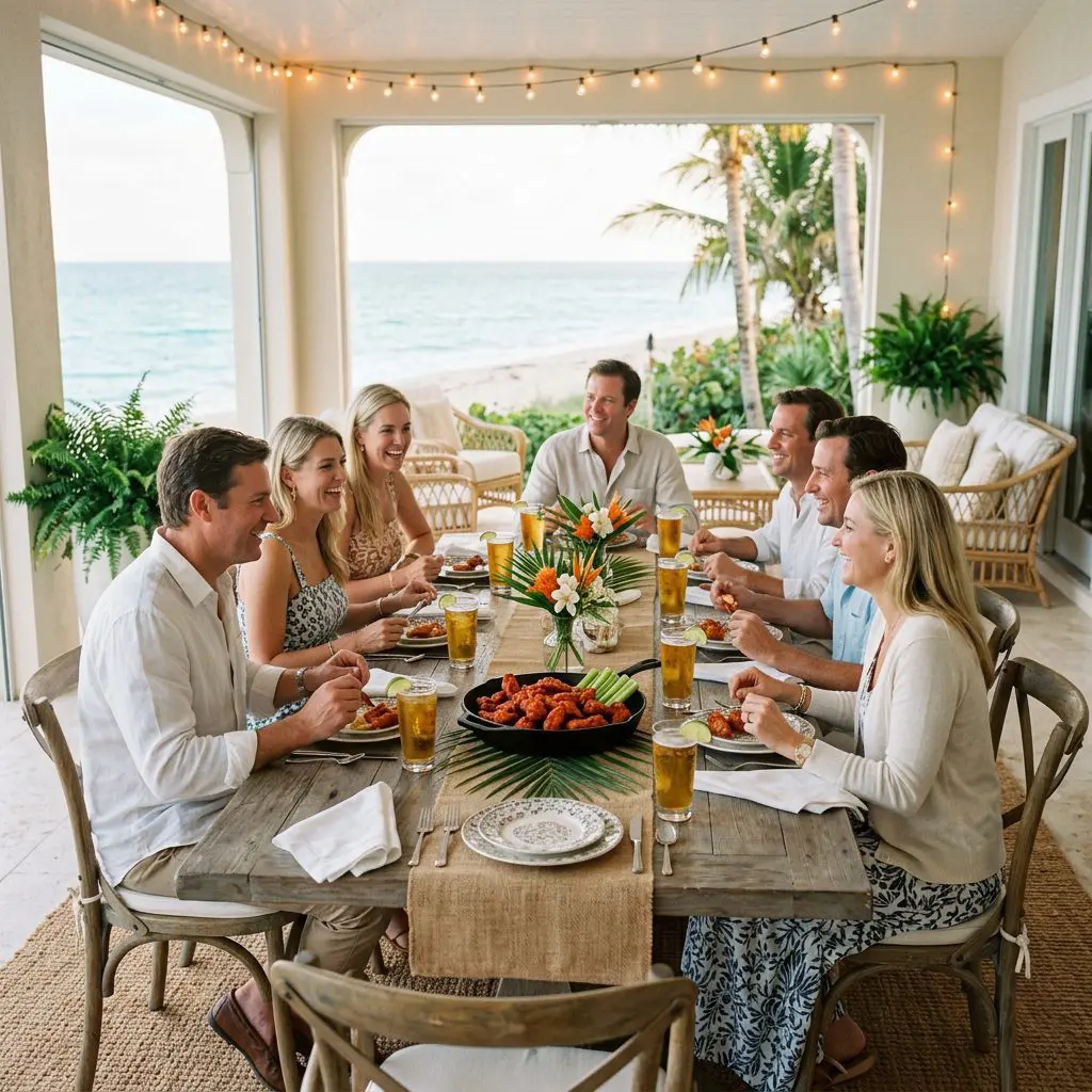 8 guests gathered around the table laughing, eating, and drinking icy Mexican Lager in tall glasses in a Palm Beach Estate dining patio with ocean views. A massive cast-iron skillet of fiery red Wings anchors the loud, joyful, unpretentious gathering.