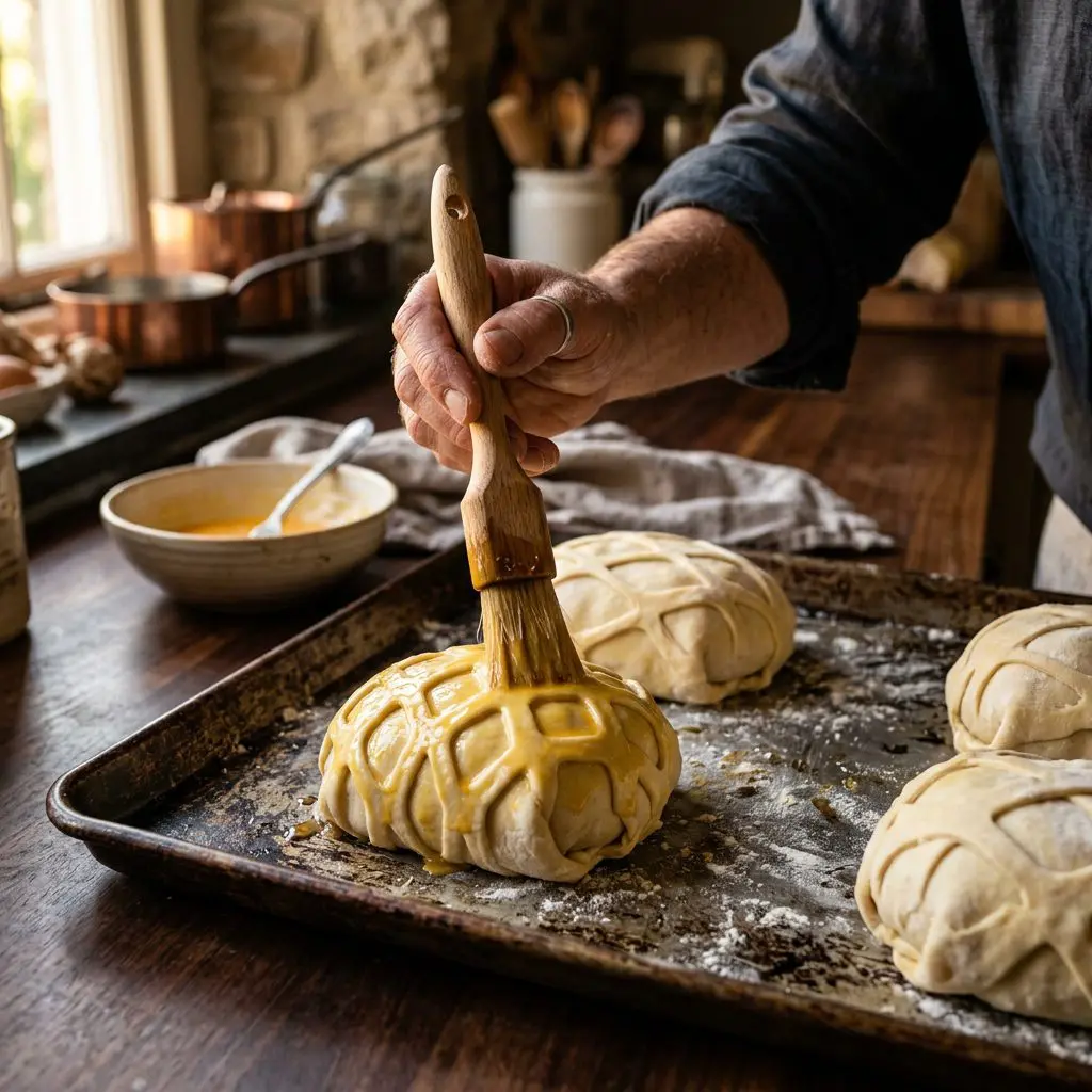Close-up action shot of a baker's hand using a pastry brush to carefully coat raw, assembled puff pastry Beef Wellington bundles with a golden egg wash on a dark metal baking sheet