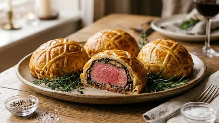 Stunning plated serving of Individual Beef Wellingtons, a chef-tested recipe by Chef Jorj Morgan.