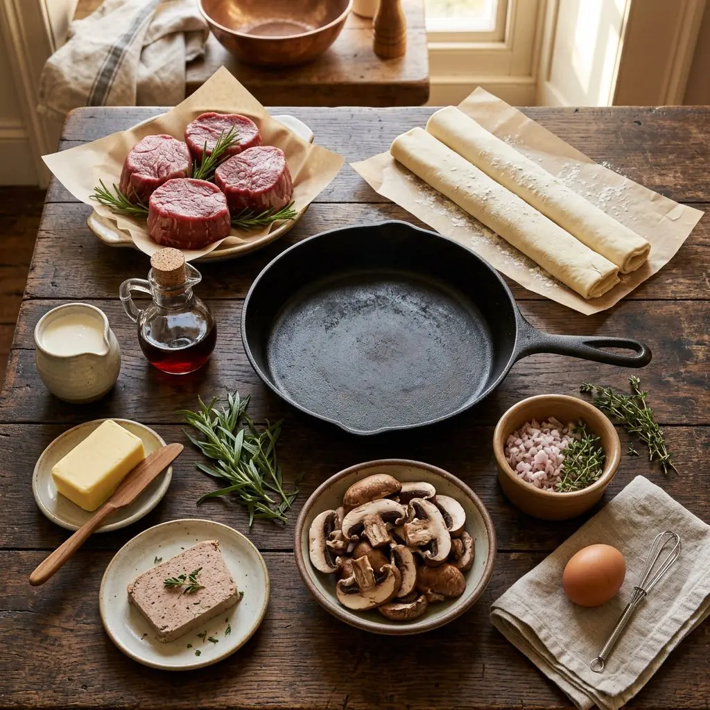 Raw ingredients for Individual Beef Wellingtons arranged: thick raw beef tournedos, rolled sheets of puff pastry, sliced baby portobello mushrooms, a minced shallot, a small pitcher of sherry, heavy cream, fresh tarragon, a block of butter, a slice of duck mousse pâté, and an egg, arranged around a dark cast-iron skillet.