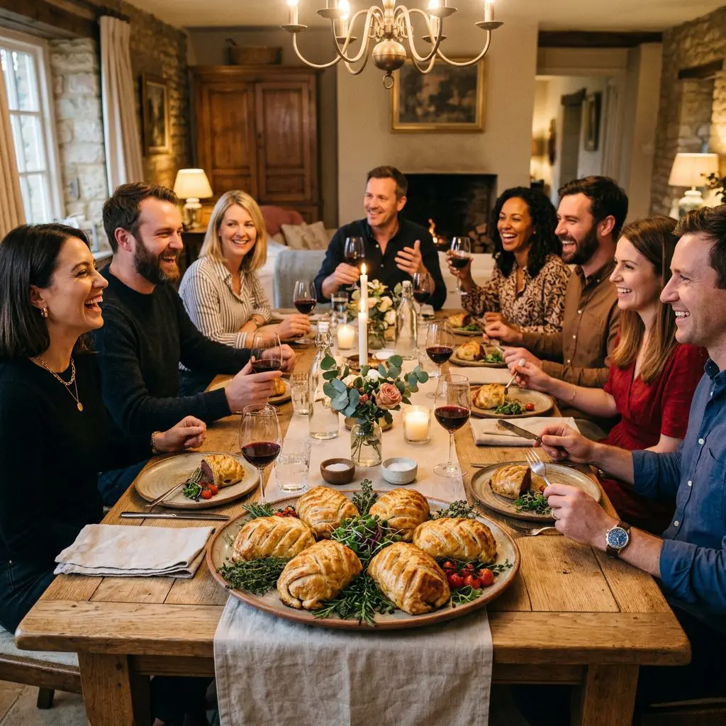 8 guests gathered around the table laughing, eating, and drinking wine, with a large rustic platter of golden-brown Individual Beef Wellingtons in the center as the anchor.