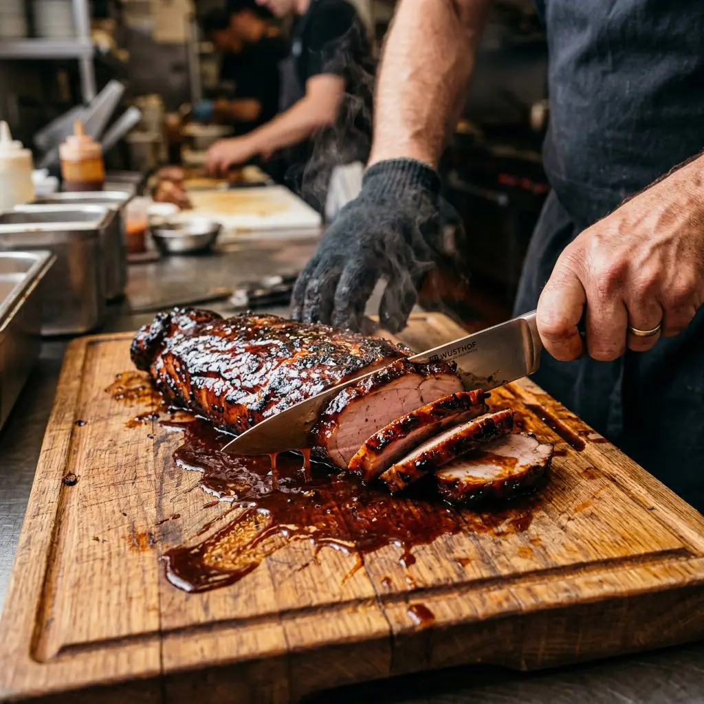 A cook's hands using a sharp chef's knife to cut thin slices from a massive, steaming, glazed barbecue pork tenderloin on a thick wooden cutting board, with dark sauce dripping onto the board.