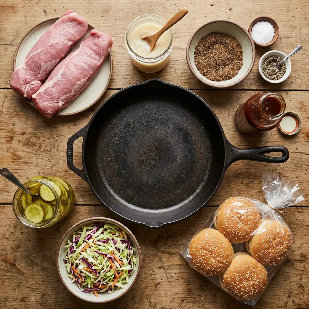 Ingredients arranged: two raw pork tenderloins, a jar of bacon fat, a bowl of steak seasoning, salt, pepper, a bottle of thick barbecue sauce, a bag of soft hamburger buns, a bowl of crisp coleslaw, and a jar of sliced dill pickles arranged around a heavy cast-iron skillet.