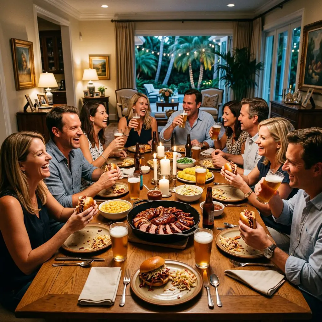 8 guests gathered around the table laughing, eating, and drinking cold beer in a Palm Beach Estate, holding messy barbecue pork sandwiches, with a large cast-iron skillet of glazed pork tenderloin anchoring the center of the joyful feast.