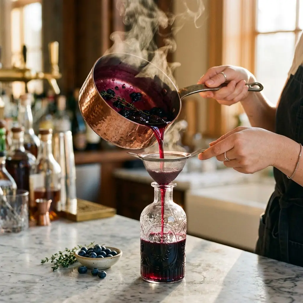 Clean hands using a fine silver strainer to pour a vibrant, glossy, deep purple blueberry-thyme simple syrup from a heavy copper saucepan into a beautiful, clear glass bottle on a marble bar top. Wisps of steam rise from the syrup, catching the warm, golden light of the late afternoon.