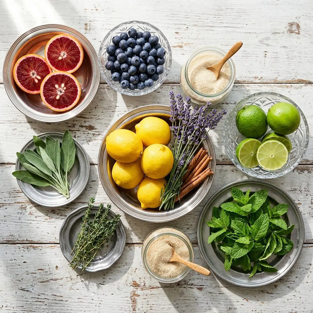 Raw ingredients arranged in polished silver bowls, pewter pinch dishes, and crystal bowls on a weathered white-washed wood table: vibrant blood orange halves, fresh whole sage leaves, cinnamon sticks, whole Meyer lemons with fresh fragrant lavender stalks, deep blue-purple blueberries, sprigs of thyme, bright green limes, fresh lime spearmint leaves, and glass jars of granulated sugar. Bright, breezy mid-morning Palm Beach sunlight casting long, gentle shadows.