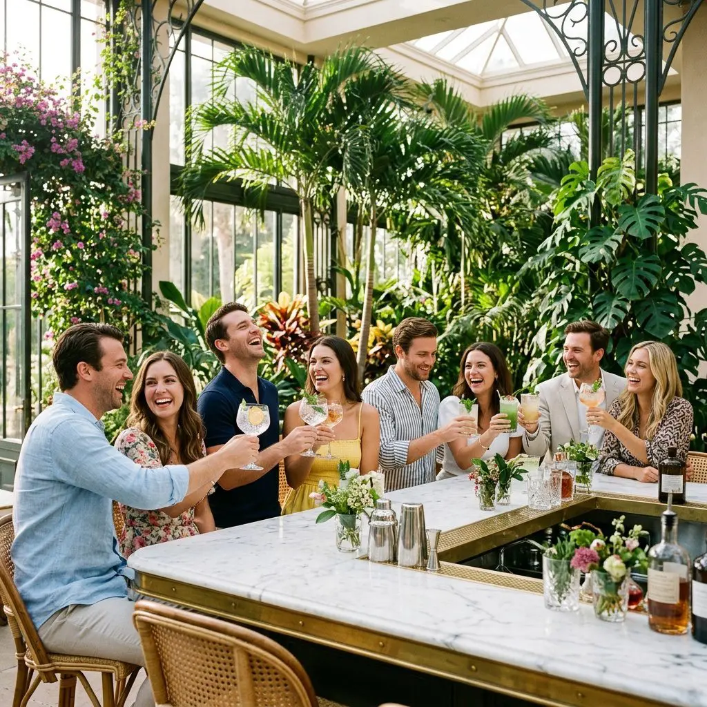 Eight guests laughing, sharing stories, and clinking crystal cocktail and mocktail glasses. They are gathered around a long white marble and brass bar inside a sunlit, lush Palm Beach estate orangery with towering palm trees and exotic climbing plants.