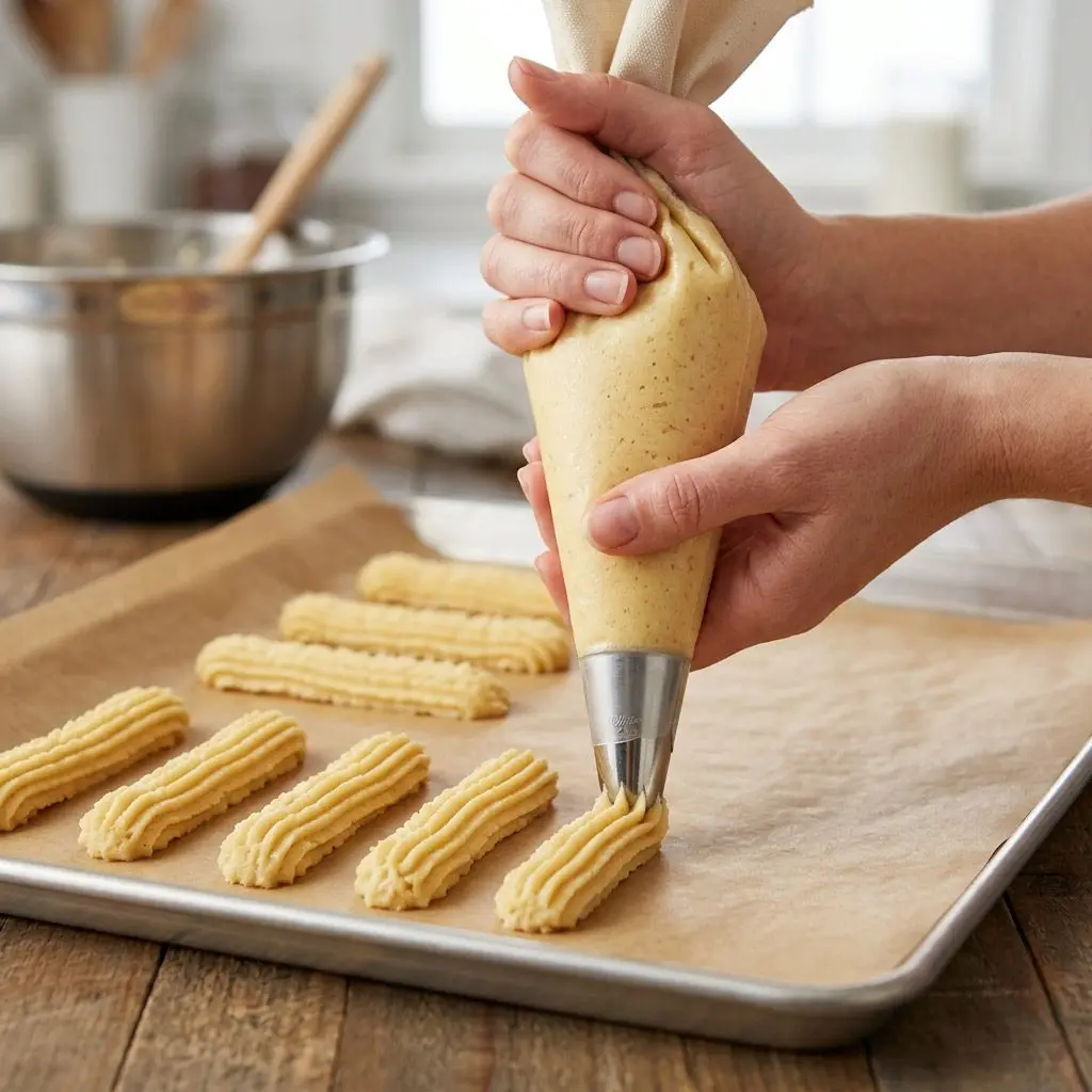 Close-up action shot of clean hands holding a pastry bag fitted with a large star tip, piping beautiful 2-inch ridged cookie dough lengths onto parchment paper in a sunny, high-end kitchen.