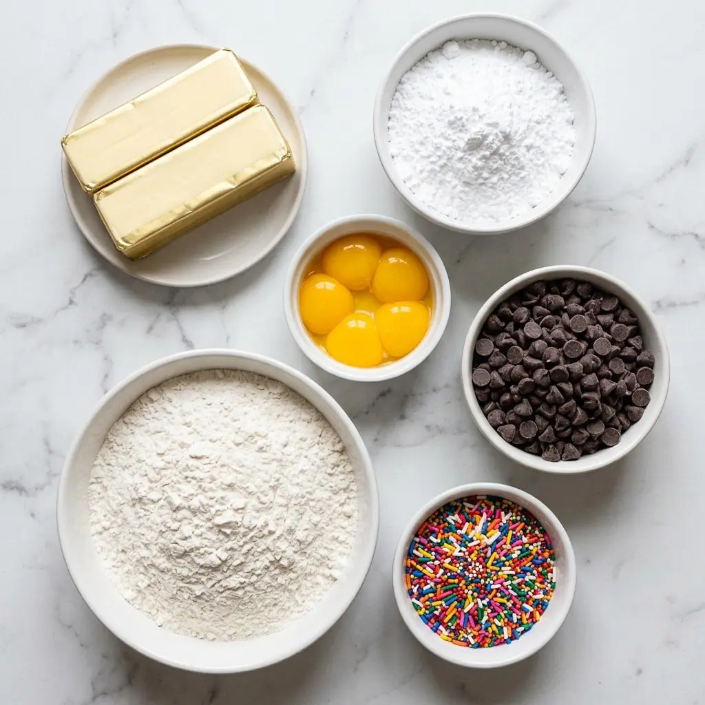 An overhead, neatly organized mise en place for Italian butter cookies on a white marble countertop. Styled white ceramic dishes contain room temperature butter sticks, confectioners' sugar, egg yolks, flour, chocolate chips, and sprinkles.