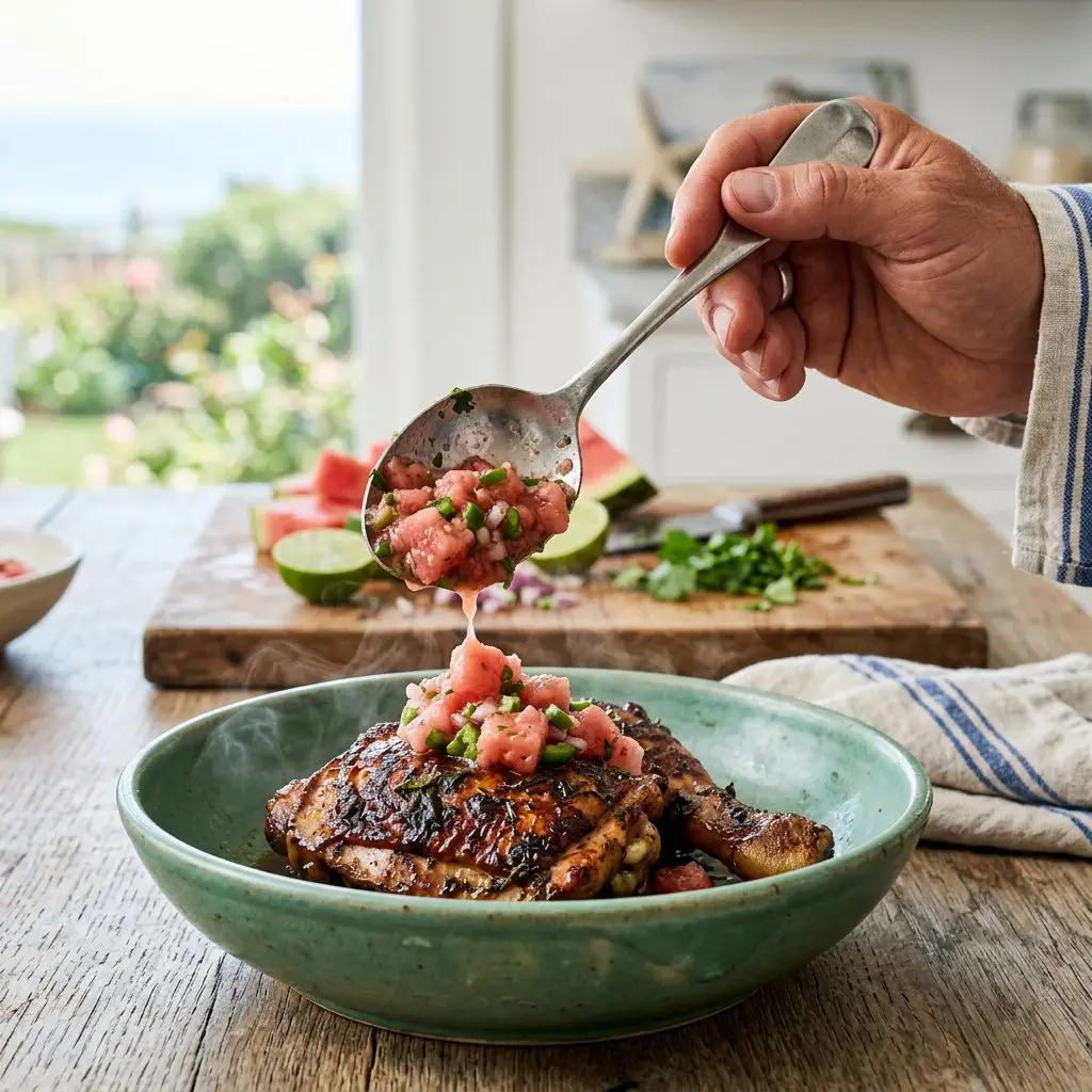 A cook's hand using a large silver spoon to drop a heavy, bright, cooling dollop of chunky pink watermelon and jalapeño salsa directly over a steaming, browned, braised chicken thigh.
